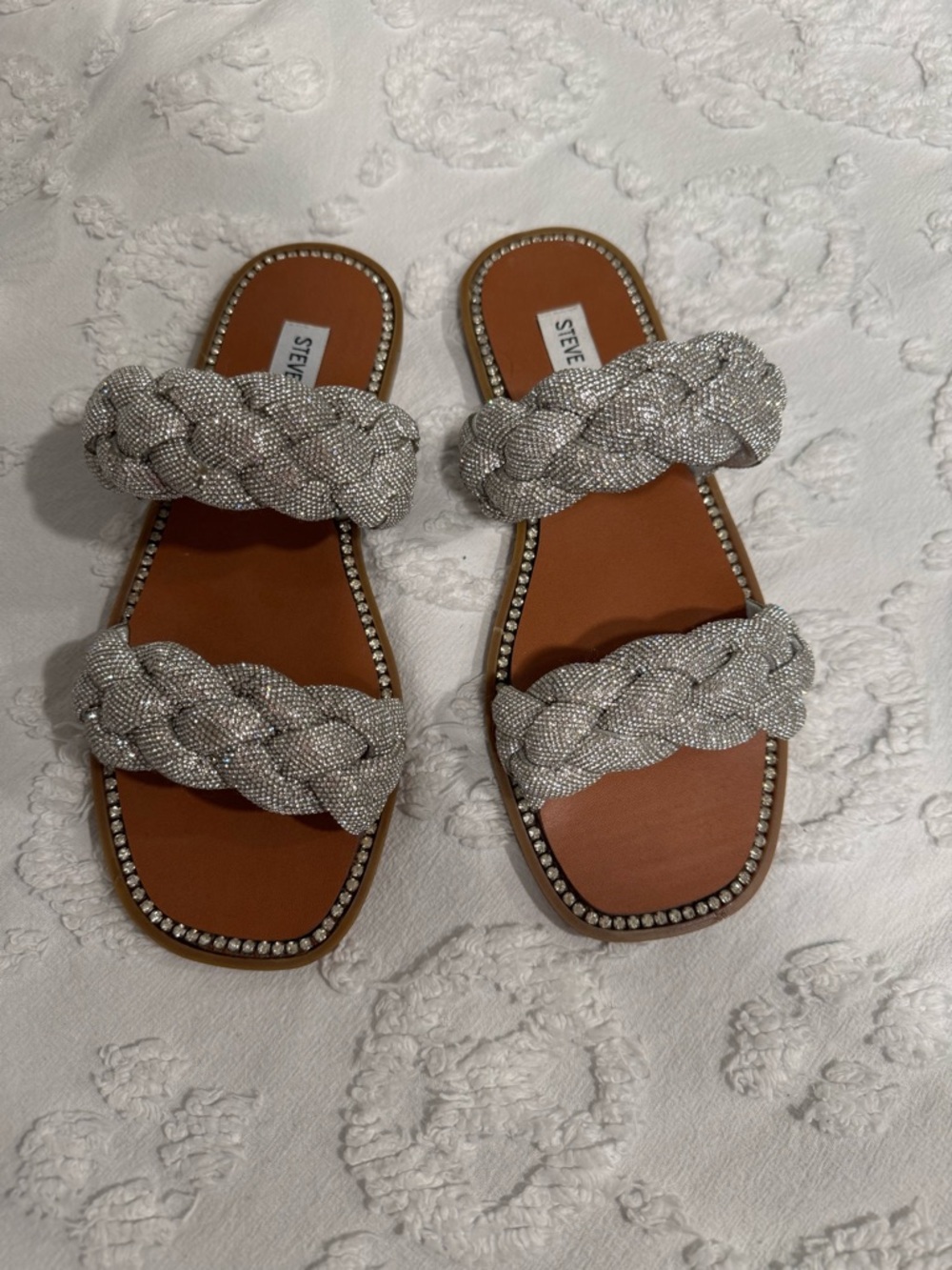 Steve Madden Braided Crystal Silver Slide Sandals